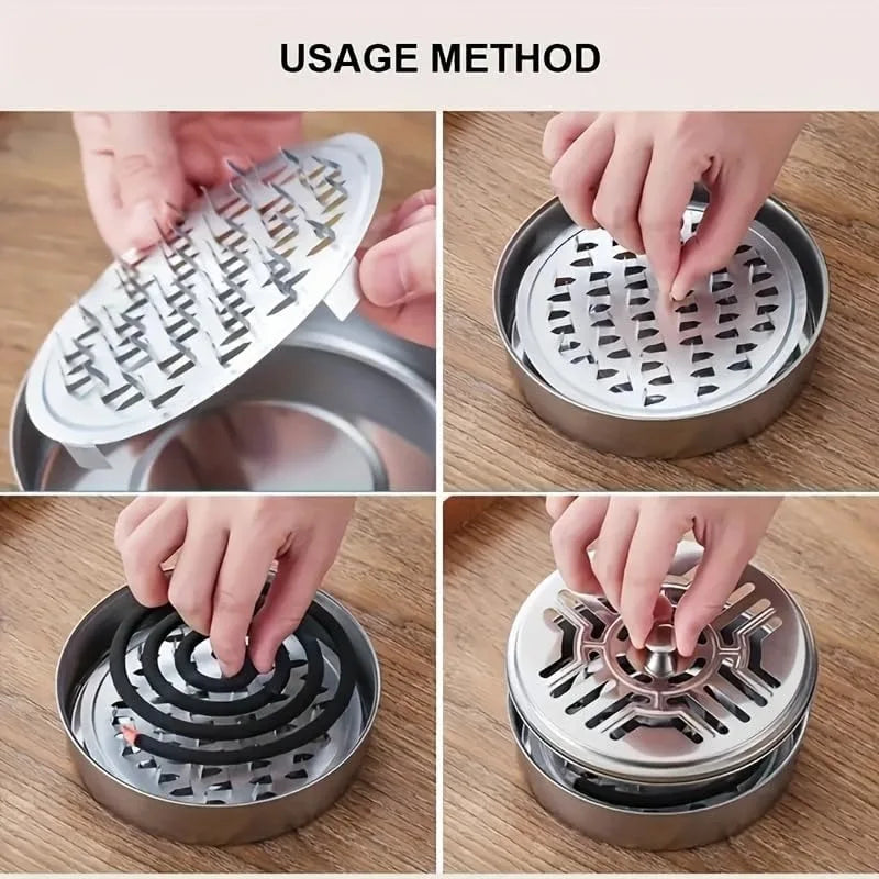Stainless Steel Mosquito Coil Tray Holder with Lid, Round Household Wrought Iron Mosquito Coil Box, Ash Tray for Mosquito Coils