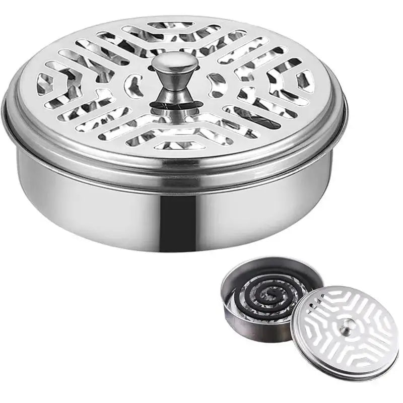 Stainless Steel Mosquito Coil Tray Holder with Lid, Round Household Wrought Iron Mosquito Coil Box, Ash Tray for Mosquito Coils