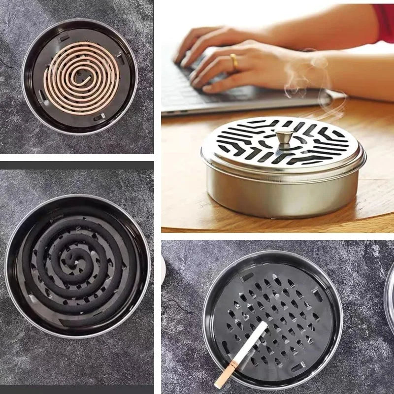 Stainless Steel Mosquito Coil Tray Holder with Lid, Round Household Wrought Iron Mosquito Coil Box, Ash Tray for Mosquito Coils