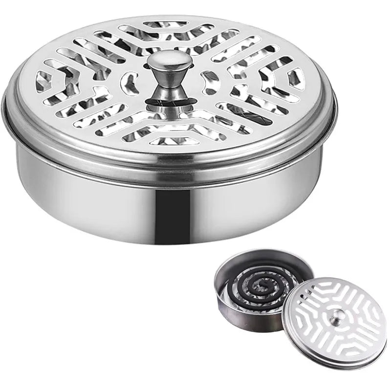 Stainless Steel Mosquito Coil Tray Holder with Lid, Round Household Wrought Iron Mosquito Coil Box, Ash Tray for Mosquito Coils