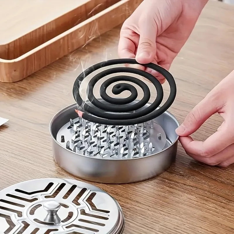 Stainless Steel Mosquito Coil Tray Holder with Lid, Round Household Wrought Iron Mosquito Coil Box, Ash Tray for Mosquito Coils